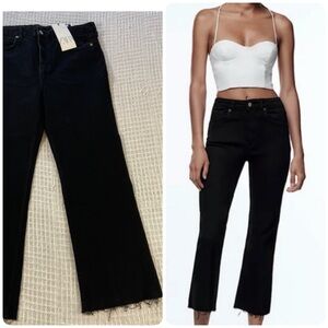 NWT new Zara High Rise Crop Flare Black Jeans Raw hem cropped Size 12